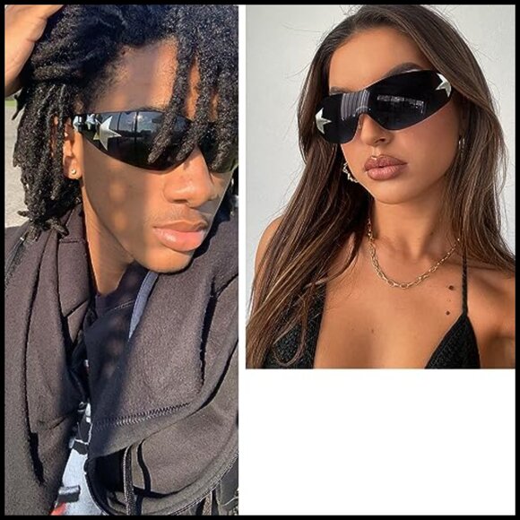 Y2K Rimless Wrap Around Sunglasses Star Pattern Futuristic Shield Shades main image 4